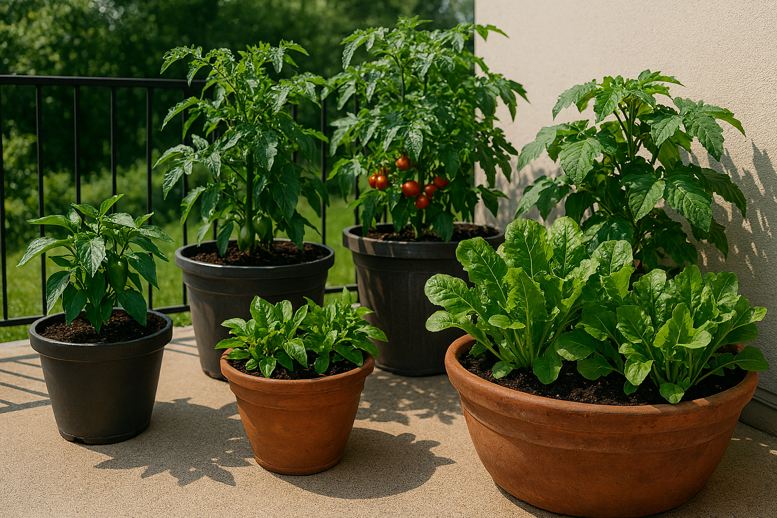 Vegetables growing in large containers and pots on a sunny patio, including tomatoes, peppers, and leafy greens in a small-space garden.