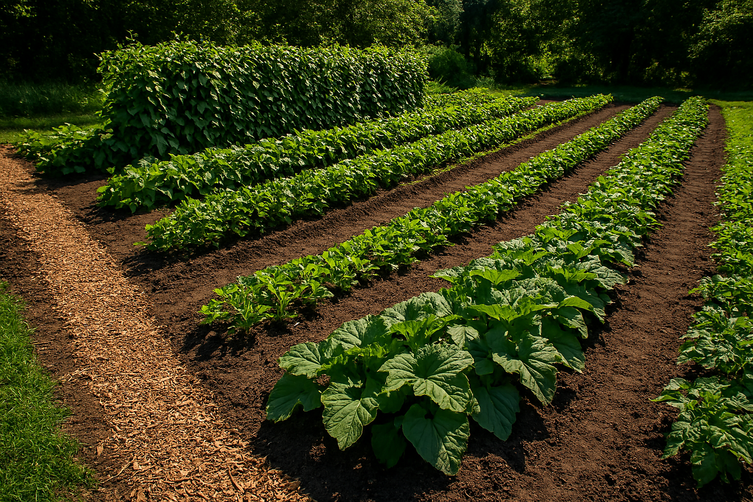 An in-ground vegetable garden with rows of growing plants and mulched paths in a traditional backyard garden setup.
