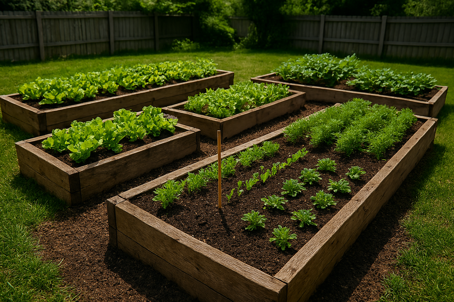 Wooden raised garden beds filled with soil and growing vegetables like lettuce, carrots, and herbs in a backyard garden.