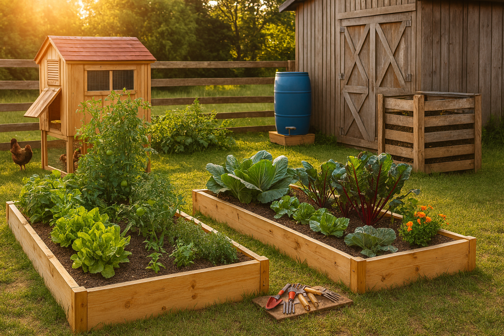 Backyard homestead with chicken coop, raised garden beds, compost bin, and rain barrel under warm sunlight — showcasing DIY projects every homesteader should try.