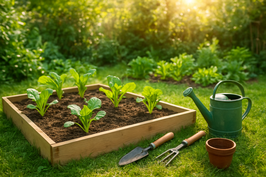 Simple backyard garden with raised beds, young plants, and garden tools in soft morning sunlight.
