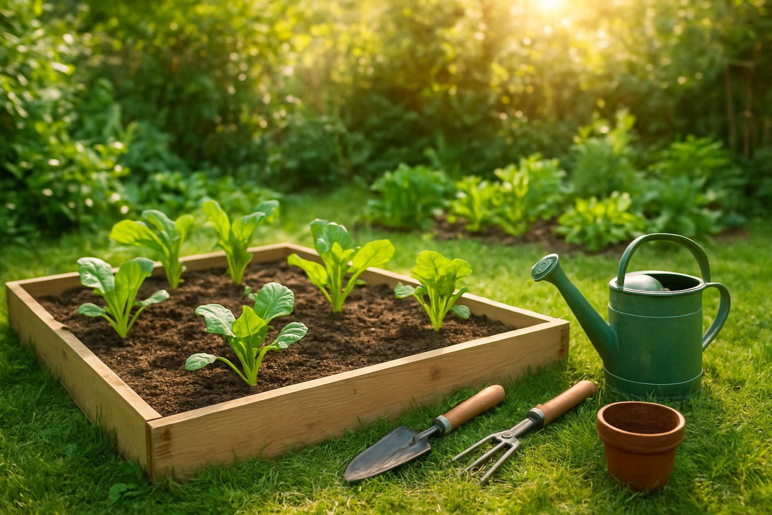 Simple backyard garden with raised beds, young plants, and garden tools in soft morning sunlight.