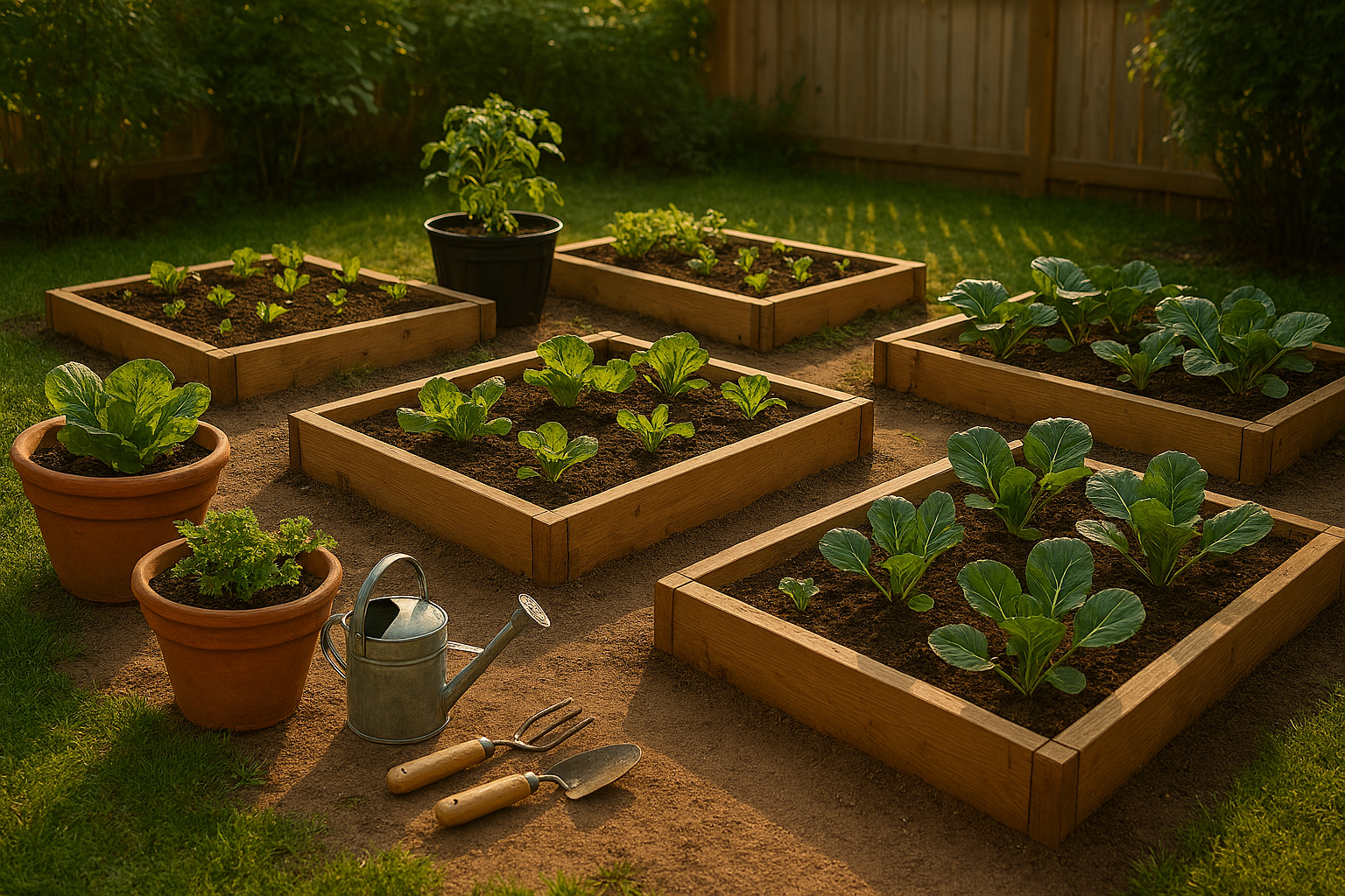 Raised beds in a garden with some tools laying on the ground.