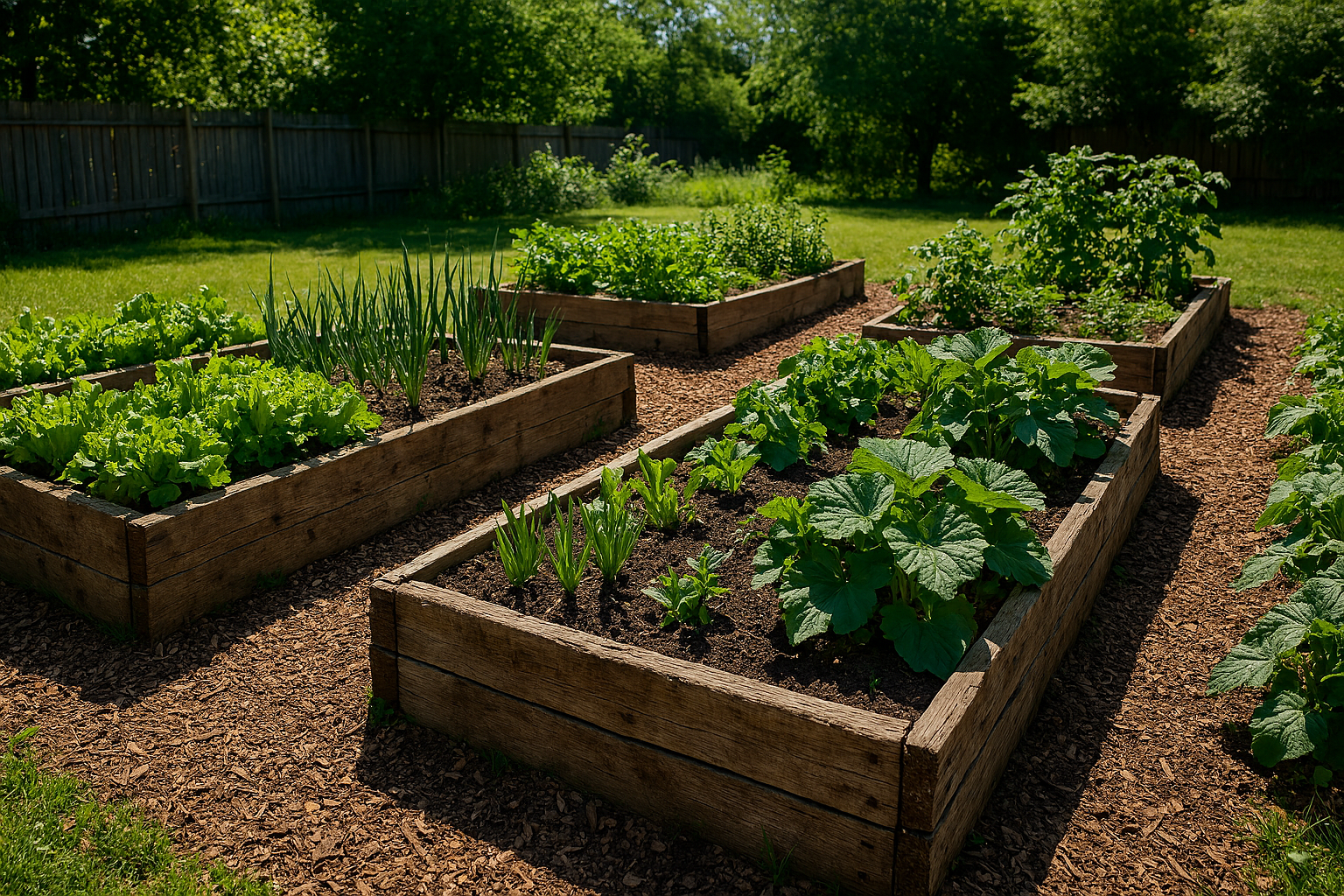 Raised beds with fresh growing vegetables.