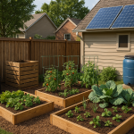 A sustainable homestead with a vegetable garden, chickens, solar panels, and rainwater collection representing the six pillars of homesteading.